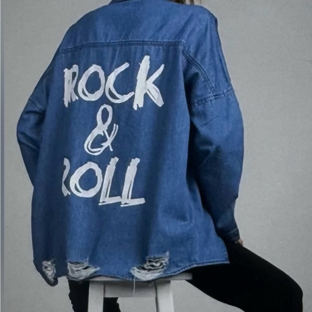 Eloquii Blue Denim Jacket with White Rock & Roll Print